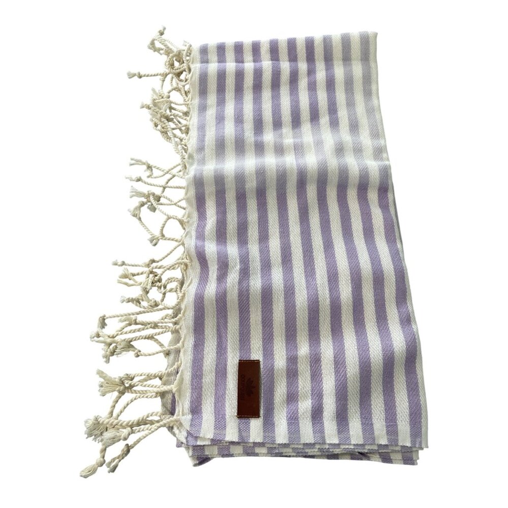 QoupQuru Striped Rectangle Scarf Rope Tassels Wrap Lavender White Cotton Soft
